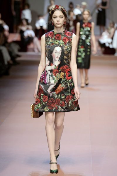 MILAN, ITALY - MARCH 01: A model walks the runway at the Dolce & Gabbana Autumn Winter 2015 fashion show during Milan Fashion Week on March 1, 2015 in Milan, Italy. (Photo by Catwalking/Getty Images)